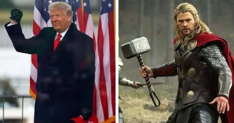 Martelo do Thor com nome de Donald Trump gravado nele é visto saindo da Casa Branca